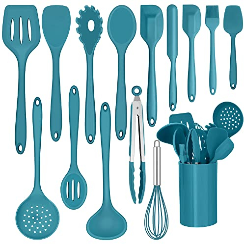 Küchenhelfer Set, Joyfair 15-teiliges Silikon Kochutensilien Kochbesteck Set, Hitzebeständiger Kochgeschirr mit Utensilienhalter, Antihaft Kochset Küchenutensilien, Spülmaschinenfest - Blau