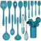 Joyfair - Set di utensili da cucina in silicone, 15 pezzi, con supporto per utensili, antiaderenti, lavabili in lavastoviglie, colore: blu