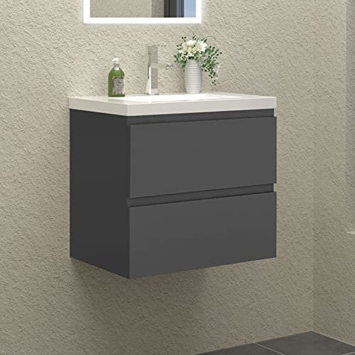 HAPAOSO Waschtisch mit Unterschrank 60 cm Breit Grau Badmöbel Set Hängend 2 Soft-Close Schubladen MDF-Platte