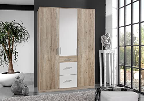 möbelando Kleiderschrank Joker aus Spanplatte in San Remo-Eiche-Nachbildung mit 3 Schubladen und 4 Einlegeböden. Abmessungen (B/H/T) 135x199x58 cm
