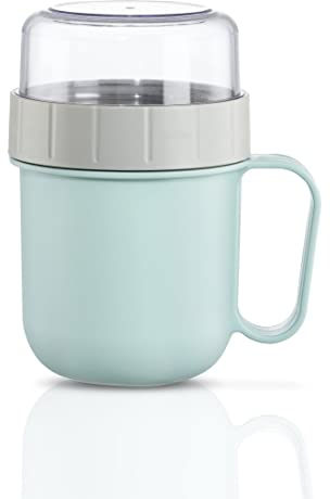 Xavax Müslibecher 2 Go, 500+200 ml (2 Fächer, Müslibecher für z.B. Joghurt, Milch, extra Topper für Müsli, Obst, Cornflakes etc., auslaufsicherer To Go Becher, spülmaschinenfest) Pastellblau/Grau
