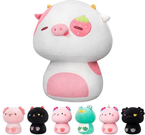 Mewaii Erdbeerkuh Kuscheltier 36 cm Pilzförmig Kawaii Plüschtier Kuh Weiches Plüschkissen für Kinder und Erwachsene