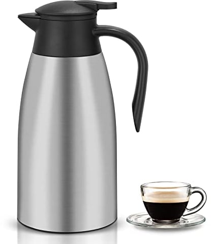 2 Litre Stainless Steel Thermal Carafe Jugs, Double Walled Vacuum Insulated Coffee Pot, Kettle Flask Heat & Cold Retention, for Tea, Milk and Coffee (Silver)