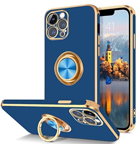 DOMAVER Case for iPhone 12 Pro Max with 360° Ring Holder, Shockproof Slim Kickstand Magnetic Support Car Mount Women Men Non-Slip Protective Phone Case for iPhone 12 Pro Max 6.7, Bright Blue/Gold