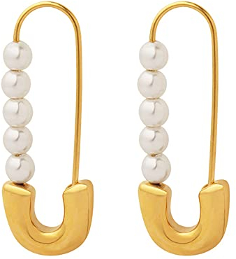 Retro Perle Sicherheitsnadel Knorpel Creolen Ohrringe für Frauen Mädchen Edelstahl Imitation Perlen Niedliche Creolen baumeln Tropfen Mode Hypoallergener Schmuck Geschenke 25mm