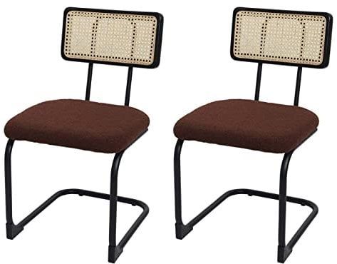 2er-Set Freischwinger-Stuhl HWC-K88, Stuhl Lehnstuhl, Holz Rattan Metall Bouclé - Stoff/Textil braun