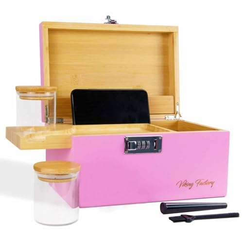 Viking Factory Bambus Aufbewahrungsbox 27 x 18 x 15 cm Multifunctional Ordnungsboxen mit Zahlenschloss, Tablett, 2x Glasdosen & Zubehörset -Praktische Organizer Box mit Deckel,Rosa