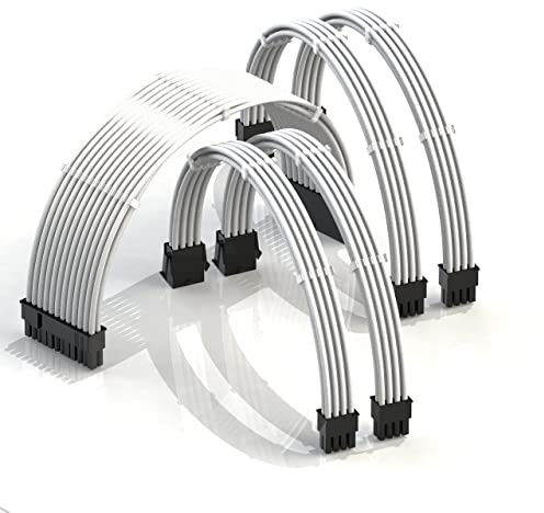 LINKUP - AVA 50cm 5 Paquets Câble d’Extension PSU w/Manchon| Conception Personnalisable l’Alimentation GPU| Tressés w/Kit Peignes pour Câbles| 1x24P (20+4)| 2x8P (4+4) CPU| 2x8P (6+2) GPU|500mm Blanc