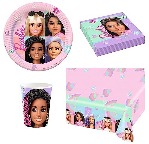 Set 33 pezzi - Kit Coordinato tavola BAMBOLA - decoro buffet, feste, tavolo torta, compleanno bambini - 8 piatti + 8 Bicchieri + 16 tovaglioli + 1 tovaglia