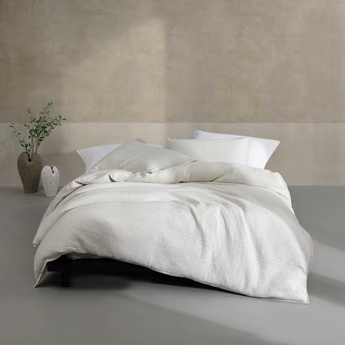Calvin Klein Kingsize-Bettbezug-Set, luxuriös weiche Heimdekoration, Moderne gerippte Baumwoll-Matelasse-Bettwäsche (Elfenbeingrau meliert, King-Size)