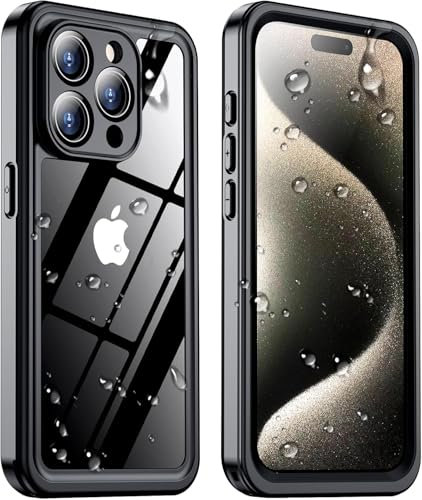 Temdan for iPhone 15 Pro Case Waterproof, [Built-in Screen Protector][IP68 Underwater][15FT Military Dropproof][Dustproof][Real 360] Full Body Shockproof Protective Phone Case 6.1'' - Black/Clear