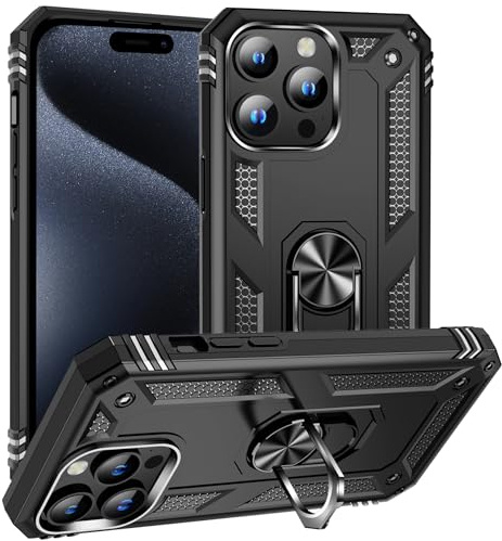 BestST Hülle für iPhone 15 Pro Max + schutzfolie,Handyhülle für iPhone 15 Pro Max Cover,Armor Stoßfest TPU PC Schutzhülle Ringhalter Handytasche Case für iPhone 15 Pro Max Handy Hüllen,Schwarz