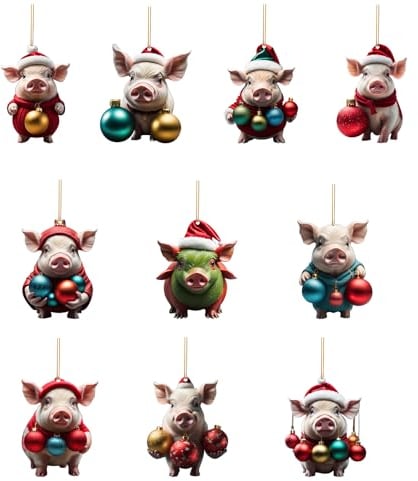 10 Stück Weihnachtsmütze Schwein Dekoration Auto Rückansicht Hängende Anhänger Bunte Schöne Cartoon Schwein Ornament Baumschmuck Auto Anhänger