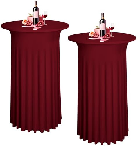 LYAFS 2er-Set Weinrot Stehtisch Hussen Stretch Stehtisch Tischdecke mit Rock, 80x110cm Runder Cocktail-Tischrock, Bistrotisch-Bartisch-Abdeckung für Bar, Party, Hochzeit, Banketttisch,Geburtstag