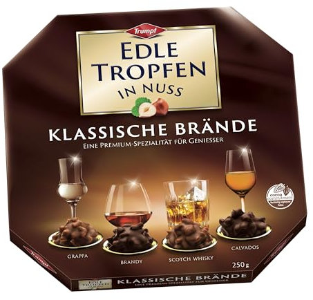 Edle Tropfen in Nuss Klassische Brände 250g, flüssig gefüllte Schokoladenpralinen mit Milchschokoladen-Überzug und knackigen Haselnuss-Splittern
