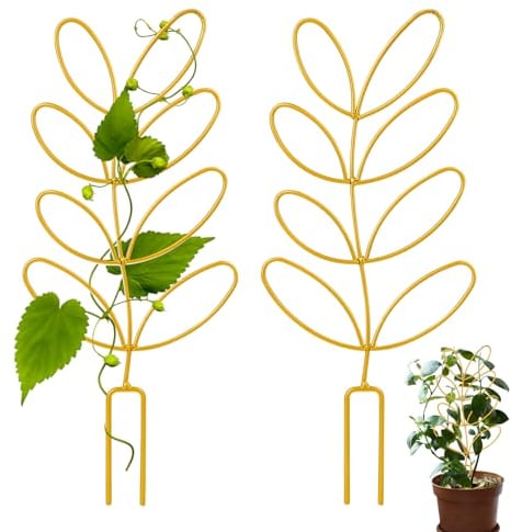 Metal Trellis for Potted Plants, 2 Pack 12'' Small Leaf Shape Plant Climber Supports Mini Garden Trellis Indoor Climbing Plants Stakes Houseplant Accessories for Hoya Vines, Pothos, Flower, Monstera