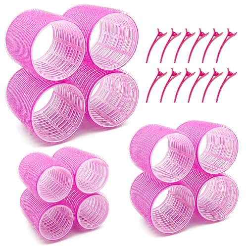 Kisvic 24 Stücke Lockenwickler, Selbsthaftend Hair Rollers mit 12 klammern, 3 Größen (60mm,45mm,36mm) Ohne Hitze Haarwickler für große Locken Mittelgroße (Rosa)