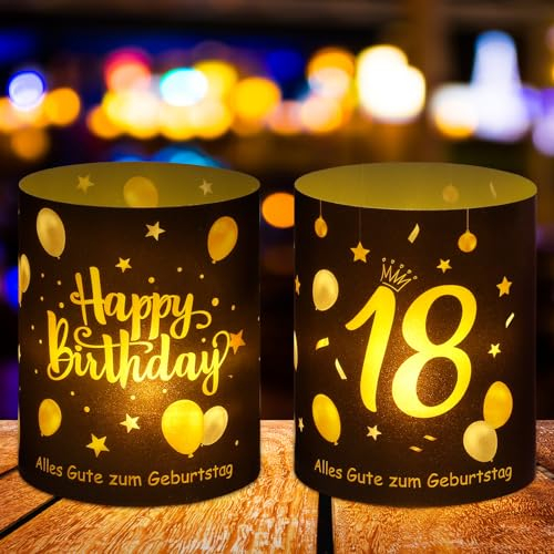 Jostift 12 Windlicht Tischdeko 18 Geburtstag, 18 Jahre Happy Birthday Tischdekoration,Stimmungsvolle Deko 18. Geburtstag Junge Mädchen 18ter Geburtstag,Geeignet für Teelichter Kerzen Schwarz