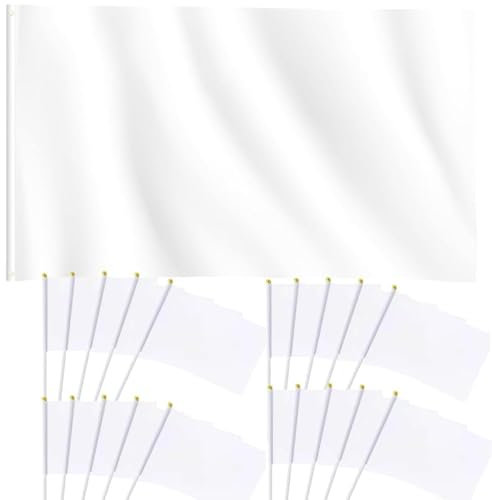 DIY Eine 90 * 150cm Blanko-Flagge und 20 Stück Mini Handgehaltene Flagge 21 * 14cm Reine Weiße Hand Winkende Fahnen mit Zwei Messing-Ösen Selbst Entworfen Polyester Party Urlaub Dekorationen