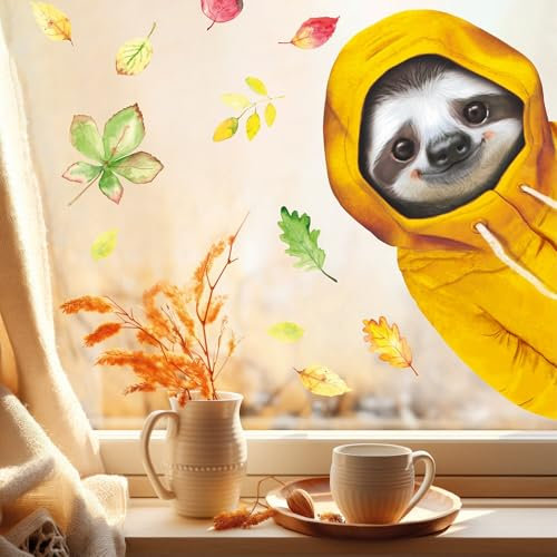 Wandtattoo Loft Fensterbild reinschauendes Faultier mit gelbem Schal Regenjacke bunte Blätter Herbst herbstlicher Fensteraufkleber Fensterdeko Herbstdeko, 2. A3 Bogen, Von Rechts