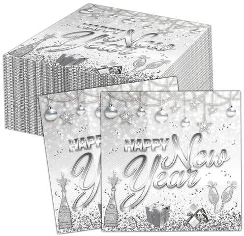 HOWAF 40 Stück Servietten Silvester, Happy New Year Servietten Silvester Servietten 2025, Neujahr Papierservietten Tissue Silvester Tischdeko für Neujahr Deko, Silvester Deko 2025, 33x33 cm, Silber