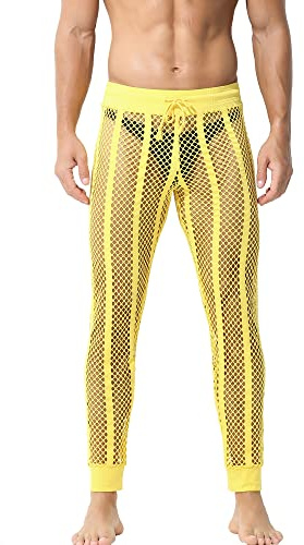 QiaTi Men's Mesh Transparent Muscle Leggings Stretchy Long Trousers with Drawstring