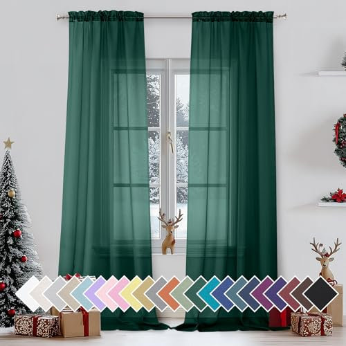 Aiyufeng Hunter Green Sheer Curtain Drapes 96 Inch Length 2 Panels for Living Room, Light Filtering Voile Green Drapes for Bedroom, Patio, Sliding Door, Each 42 W x 96 L