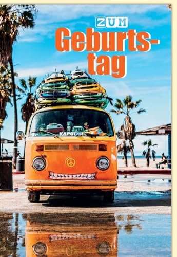 Skorpion Geburtstagskarte mit Surfbus, Palmen und Strandmotiv für Grüße zur Taufe - mit Umschlag