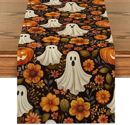 Halloween Tischläufer 33*183CM Halloween Deko Tischwäsche Niedlicher Geist Chrysantheme Tischdecke Leinen Vintage Orange Schwarz Abwaschbare tischdeko Halloween Geeignet für Küche Halloween Party