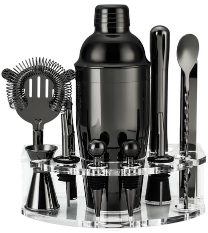 Kit Shaker à Cocktail avec Support, Kit Cocktail 12 Pièces en Acier Inoxydable avec Shaker Cocktail de 750ML, Doseur Cocktail Set pour Bar à Domicile, Fête, Mariage, Célébration (Noir)
