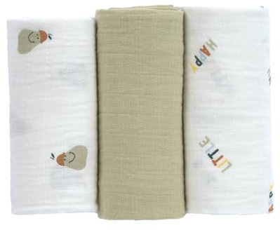 LÄSSIG Baby Puckdecke Spuckdecke Pucktuch Mulltuch 3er Set Baumwolle 60 x 60 cm/Swaddle & Burp Blanket M Happy Fruits Pear