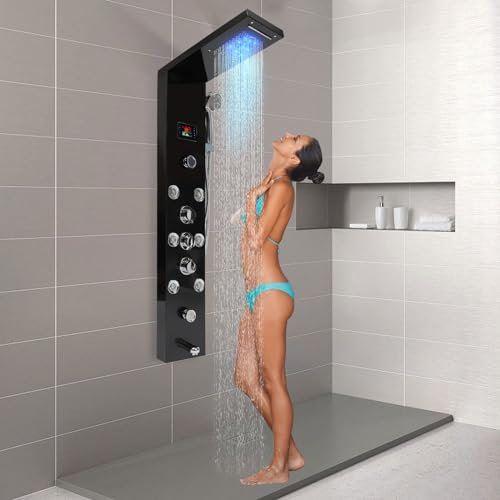 Duschpaneel mit Thermostat, LED Duschpaneele Schwarz Wandmontage Edelstahl Duschsäule Komplettset, inkl. Wasserfall, Regendusche, Massagedüsen, Handbrause und Wanneneinlauf