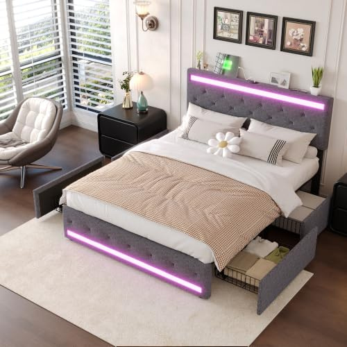 BLSYHDH Bett mit Bettkasten 180x200 mit LED, gepolstertes Bett mit Stauraum Doppelbett mit LED und 4 Bettkasten mit Kopfteil und Lattenrost (Dunkelgrau+Leinen, 180x200)