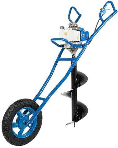 Cutycaty 2-Takt Benzin Erdbohrer mit Handwagen 63CC Benzin Erdlochbohrer 2.2KW Schubkarren Erdbohrer, Erdbohrer Gartenbohrer mit 1.3L Kraftstofftank und 300 mm Bohrer (Blau)