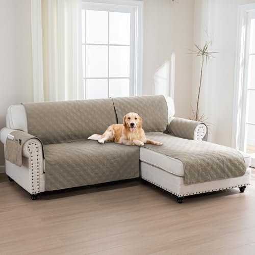 BellaHills 100% Waterproof Sofa Cover L Shape 2 Piece Couch Covers Sectional Chaise Sofa Slipcovers Non Slip Furniture Protectors for Dogs (Right Chaise Lounge Cover + 2 Seat Sofa Cover, Taupe)