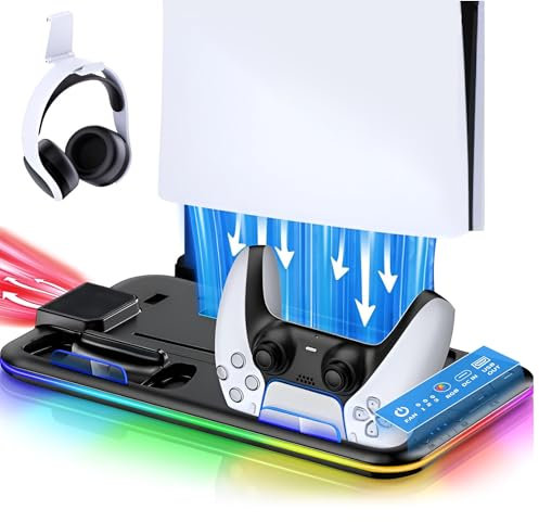 Cooling Stand for PS5 PlayStation 5 Station Charging Disc/Digital/Slim compatibility with RGB LED Controller Charging, PS Portal Charging, Controller Charger, PS5 Accessory (Black Compact)
