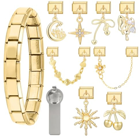Menore Italian Charm Bracelet Gold, 12PCS Italian Charms Armband Set mit Öffnungswerkzeug und Armband, DIY Abnehmbar 9mm Edelstahl Module für Italienische Armbänder, Geschenk für Frauen Mädchen