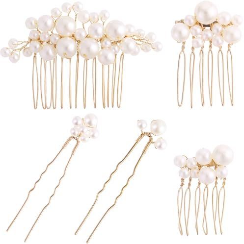 5 Stück Perlen Haarschmuck Hochzeit Perlen Braut Haarkamm U-Förmige Haarnadeln Gold Kopfschmuck Blumen Kopfbedeckung Seitenkämme für Brautjungfer Frauen Hochzeit Party