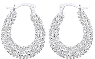 Old English Jewellers Sterling Silver 925 Crystal Oval Hoop Sparkle Creole Earrings 25mm Length - Womens Silver Jewellery - Sparkling Hoops for Ladies Girls