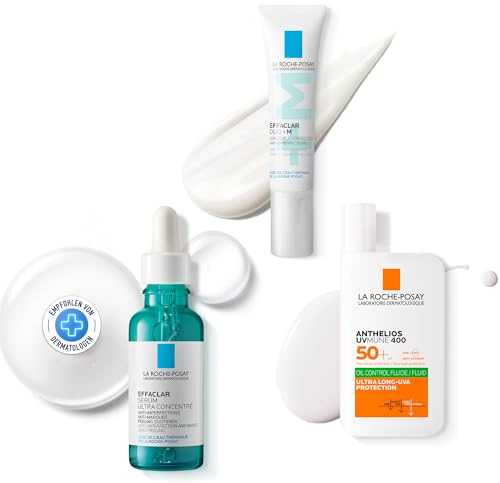 La Roche Posay Effaclar & Anthelios Set mit Peeling-Serum, Duo+M Creme und UVMune400 Fluid LSF50+, Pflegeset gegen Unreinheiten und Hautglanz, Für Mischhaut & fettige Haut, 30ml + 40ml + 50ml