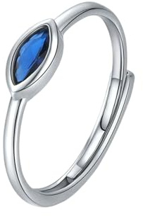 Stfery Bague de fiançailles en or blanc 9 K/14 carats avec pierres précieuses marquise en or véritable, saphir créé en laboratoire pour femme, 4.5, Or blanc 9 carats, Saphir synthétique