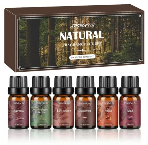 6 x 10ML Holziges Ätherische Öle Set, 100% Reine Duftöle für Diffuser | Zedernholz, Adlerholz, Amber, Weihrauch, Moschus, Guajakholz, für Diffuser Duftlampen Luftbefeuchter, Massage