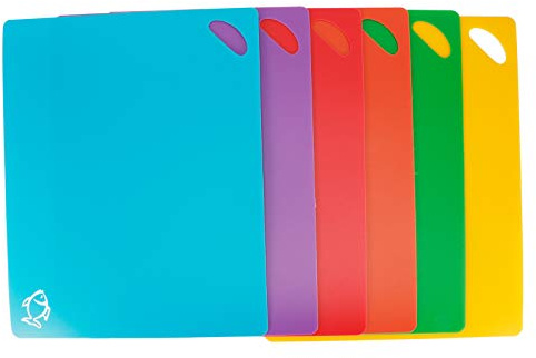 Flexible Cutting Boards 6Pcs Set | Color Coded Mats for Meat/Vegetables/Fish/Fruit/Bread | Non - Slip Kitchen Gadgets with Hanging Holes, Dishwasher Safe