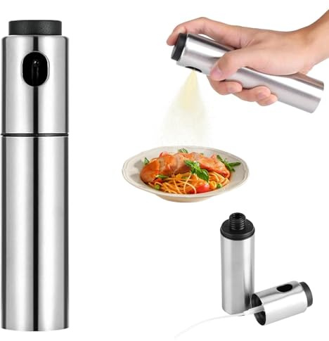 SHENGYIG Stainless Steel Spray Bottle 100 ml for Oil & Vinegar - Fine Atomiser for Airfryer, Grill, Baking and Kitchen - Spray Bottle for Olive Oil, Roasting Oil & More (Delicious Thin)