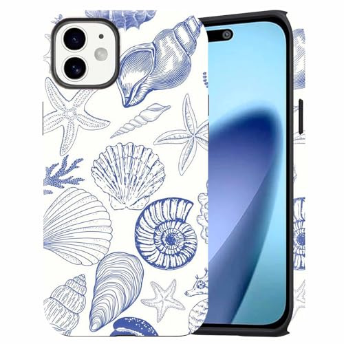 Dahimomo Summer Cute Phone Case for iPhone 11 6.1, 2-in-1 Girly Aesthetic Beach Blue White Ocean Seashell Design Pattern, Camera Lens Protective Shockproof Bumper Slim Cover for Girl Women