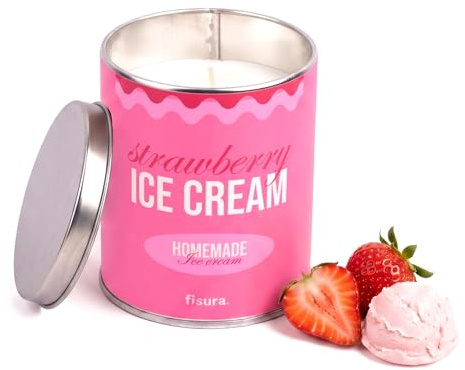 Fisura – Vela aromática original “strawberry ice cream” en lata con tapa. Vela de soja con aroma esencia de fresas con nata. Con caja de regalo. 45 horas de duración. 285 gramos. Regalo original.