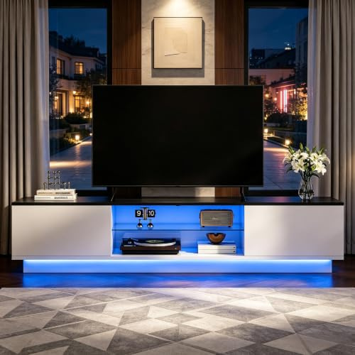 Mueble de TV de 160 cm de largo con LED, Mueble de TV moderno con 2 puertas y estantes abiertos de vidrio, Banco de TV soporte para TV hasta 65 pulgadas Mueble de televisión blanco para salón