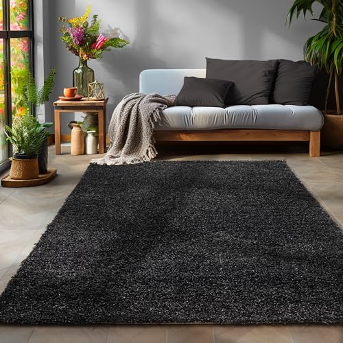 SIMPEX Flauschiger Teppich Wohnzimmer Schlafzimmer Läufer Flur Esszimmer Küchenteppich Hochflor Einfarbig Modernes Design 30 mm Florhöhe Kuschelweich, Anthrazit, 160 x 230 cm
