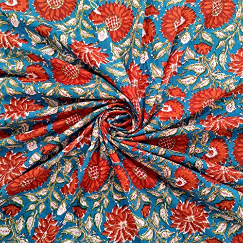 Trade Star Tissu imprimé à la Main de 3 m 100% Coton pour la Couture Les travaux manuels la Couture la Teinture Naturelle Sanganeri Tissu imprimé Floral Indien au mètre Largeur (Motif 3)