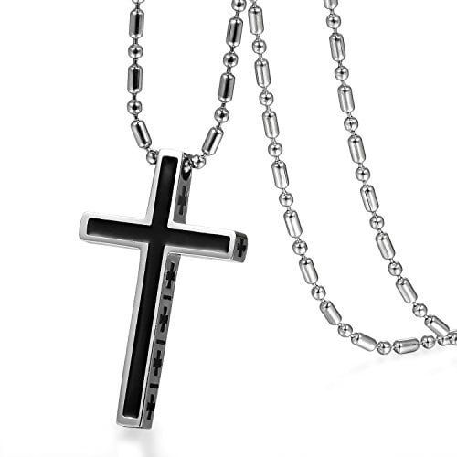 Flongo Partner Rosenkranz Anhänger Halskette, Edelstahl Halskette Freundschaftskette Rosenkranz Kette Kreuz Kruzifix Schwarz Silber Herren, Damen Accessoires